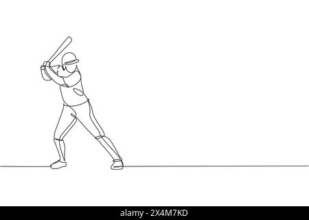 Dessin en ligne continue unique de jeune joueur de baseball homme agile prêt à frapper la balle. Concept d'exercice sportif. Design graphique Trendy One Line Draw v Illustration de Vecteur