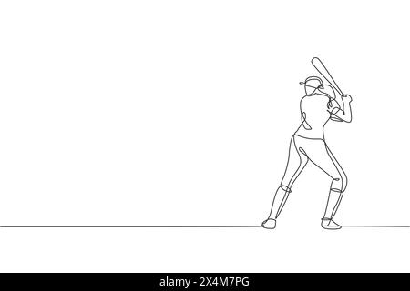 Un dessin en ligne continue de jeune femme sportive jouant au baseball pratique pour frapper la balle sur le terrain. Concept de sport compétitif. dr. Illustration de Vecteur
