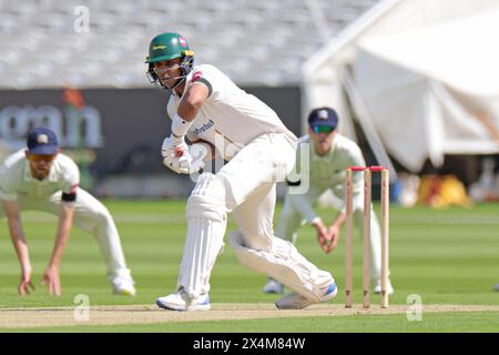 Londres. 4 mai 2024. Rishi Patel (26 Leicestershire) en action lors de la deuxième journée du County Championship Division Two match entre le Middlesex et le Leicestershire au Lord’s Cricket Ground. Crédit : Matthew Starling / Alamy Live News Banque D'Images