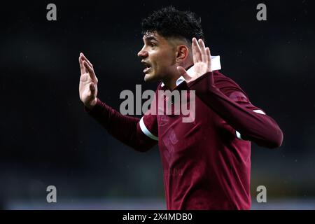 Turin, Italie. 03 mai 2024. Raoul Bellanova du Torino FC fait des gestes lors du match de Serie A entre le Torino FC et le Bologna FC au Stadio Olimpico le 3 mai 2024 à Turin, Italie . Crédit : Marco Canoniero/Alamy Live News Banque D'Images