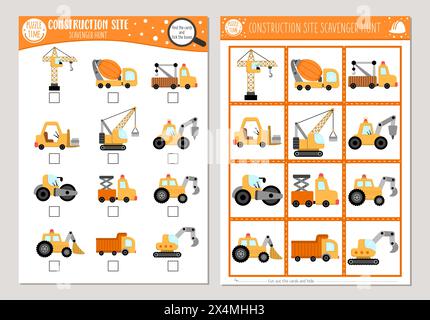 Jeu de cartes de chasse au trésor de chantier de construction vectoriel. Cherchez et trouvez le jeu avec des voitures mignonnes, des camions pour les enfants. Activité spéciale de recherche de transport. Simple ed Illustration de Vecteur