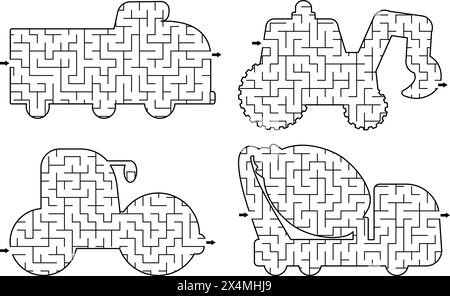 Labyrinthes géométriques de chantier de construction pour les enfants. Collection de labyrinthes en forme de camions spéciaux, voitures. Travaux de construction activité imprimable. Réparation s Illustration de Vecteur