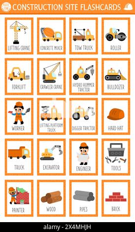 Grandes cartes flash de chantier de construction de vecteur avec grue, bulldozer, excavatrice. Jeu de langue anglaise avec transport industriel, travailleurs pour les enfants. Vehi Illustration de Vecteur