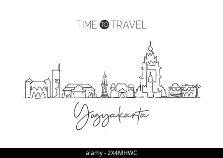 Une seule ligne dessinant les gratte-ciel de la ville de Yogyakarta en Indonésie. World Town paysage maison mur décor poster imprimé Meilleure destination de vacances. TREN Illustration de Vecteur