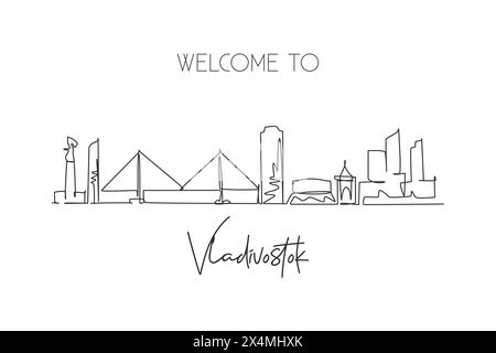 Un dessin au trait de la ville de Vladivostok, en Russie. Carte postale paysage de ville du monde. Meilleure destination de vacances. Contour modifiable tendance con Illustration de Vecteur