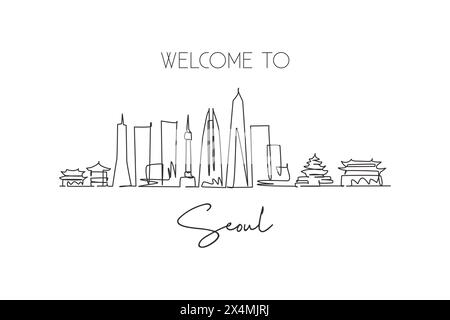 Un dessin au trait de la ville de Séoul, Corée du Sud. Imprimé carte postale paysage de ville du monde. Meilleure destination de vacances. Tendance d'éjection systolique modifiable Illustration de Vecteur