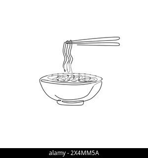 Dessin en ligne continue unique de l'étiquette stylisée du logo du magasin de nouilles épicées. Concept de restauration rapide emblématique ramen. Design moderne à une ligne dessinée Vect Illustration de Vecteur