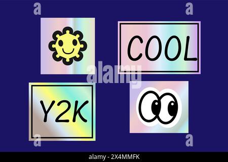 Y2K Elements set avec dégradé, autocollants holographiques des années 2000 dans le style rétro des années 00. Peut utiliser pour la bannière futuriste vectorielle, affiche, carte de voeux. Résumé a Illustration de Vecteur