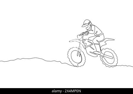 Un dessin d'une seule ligne de jeune motocross pilote conquérir les obstacles de piste à l'illustration du vecteur de piste de course. Concept de sport extrême. Moderne continu l Illustration de Vecteur