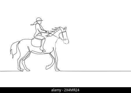 Dessin en ligne continue unique d'un jeune cavalier professionnel marchant avec un cheval autour des écuries. Processus d'entraînement au sport équestre concp Illustration de Vecteur