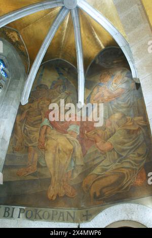 Portant Jésus dans le tombeau, fresque de l'église de Saint Marc à Zagreb, Croatie Banque D'Images