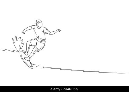 Un dessin simple ligne de jeune homme surfer sportif chevauchant sur de grandes vagues dans le graphique d'illustration vectorielle de surf de plage paradisiaque. Sports nautiques extrêmes conc Illustration de Vecteur