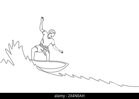 Un dessin simple ligne de jeune homme surfeur sportif chevauchant sur le baril de grandes vagues dans l'illustration vectorielle graphique de paradis de plage de surf. Eau extrême spo Illustration de Vecteur