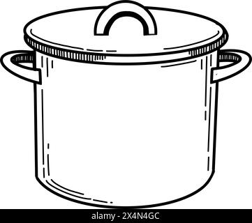 Pot avec un couvercle en format vectoriel pour la conception de cuisine. La casserole est dessinée en vecteur avec un contour noir sur fond blanc. Convient pour la cuisine Illustration de Vecteur