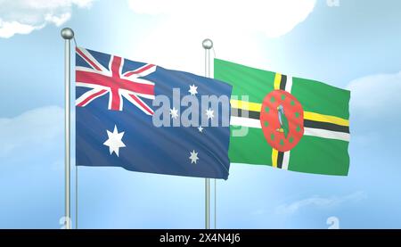 Drapeau 3D de l'Australie et de la Dominique sur ciel bleu avec soleil brillant Banque D'Images