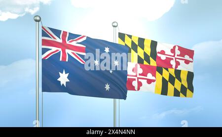 Drapeau 3D de l'Australie et du Maryland sur Blue Sky avec Sun Shine Banque D'Images