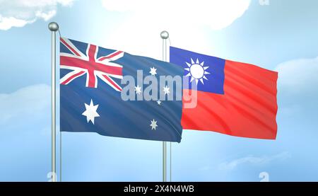 Drapeau 3D de l'Australie et de Taiwan sur ciel bleu avec soleil brillant Banque D'Images