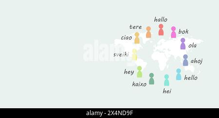 Langues et carte du monde, mot bonjour dans différentes langues parlées en Europe, concept d'entreprise et de communauté multilingue, multilinguisme dans l'UE Banque D'Images