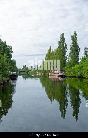 Bateaux, pont, arbres, réflexion, Veringkanal, Wilhelmsburg, Hambourg, Allemagne Banque D'Images