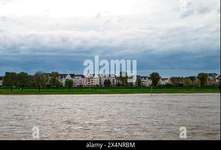 Vue de la promenade du Rhin sur la rive gauche du Rhin, quartier Oberkassel, Duesseldorf, Rhénanie du Nord-Westphalie, Allemagne Banque D'Images