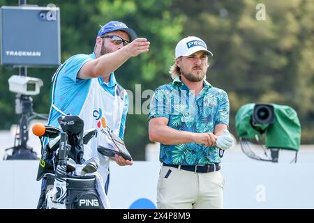 McKinney, Texas, États-Unis. 04 mai 2024. Austin Cook sur le 7e trou lors de la troisième manche du tournoi de golf CJ CUP Byron Nelson au TPC Craig Ranch à McKinney, au Texas. Gray Siegel/CSM/Alamy Live News Banque D'Images