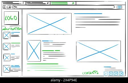 Modèle de conception de site Web. Filaire avec différents éléments sur fond blanc Banque D'Images