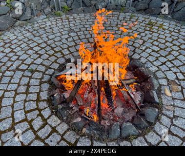 Feu de camp dans un foyer dans le jardin Banque D'Images