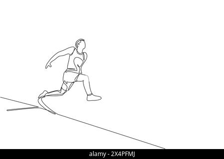 Un dessin simple de ligne de jeune exercice d'homme sportif en cours d'exécution avant le saut long dans l'illustration vectorielle de piscine de sable. Concept de sport athlétique sain. COMP Illustration de Vecteur