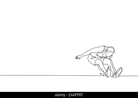 Un dessin en ligne continue de jeune homme sportif pratiquant à atterrir sur la piscine de sable après le saut en longueur. Concept de sport athlétique sain. Championnat. D Illustration de Vecteur