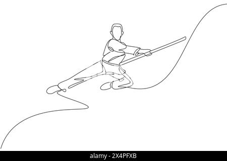 Un dessin en ligne continue de wushu maître homme sautant, guerrier kung fu en kimono avec un long personnel en formation. Concept de concours de sport d'art martial. DYN Illustration de Vecteur