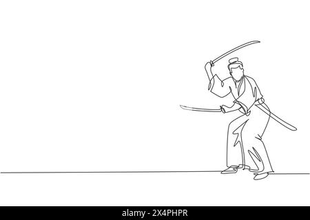 Un dessin d'une seule ligne de jeune guerrier samouraï japonais tenant une épée katana pratiquant au centre dojo illustration vectorielle graphique. Combative martia Illustration de Vecteur