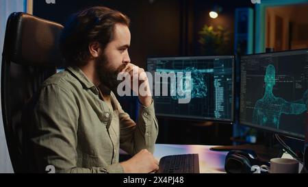 Homme insérant un disque dans un PC contenant un logiciel transformant l'IA en être conscient de soi sensible, saluant le créateur. Ingénieur plaçant la cartouche dans l'ordinateur, éveillant l'intelligence artificielle amicale, caméra B. Banque D'Images