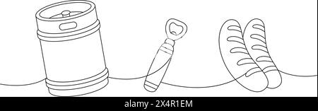 Ensemble de brasserie dessin continu d'une ligne. Fût de bière en métal, ouvre-bouteille, saucisses frites illustration continue d'une ligne. Illustration linéaire vectorielle. Illustration de Vecteur