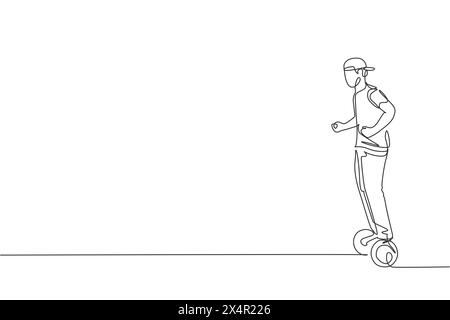 Un dessin simple ligne de jeune homme énergique chevauchant hoverboard au parc de la ville illustration graphique vectorielle. Futur transporteur. Mode de vie sain sport Illustration de Vecteur