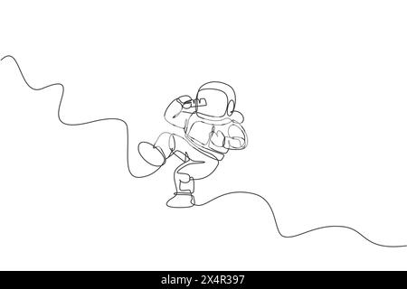 Un dessin en ligne continue de cosmonaute mangeant une barre de chocolat au lait sucré dans l'univers galactique. Concept de vie d'astronaute de l'espace extra-atmosphérique fantastique. Sin dynamique Illustration de Vecteur