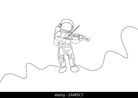 Dessin en ligne continue unique d'astronaute jouant un instrument de musique de violon de beauté dans la galaxie cosmique. Concept de concert de musique de l'espace extra-atmosphérique. Tendance un l Illustration de Vecteur