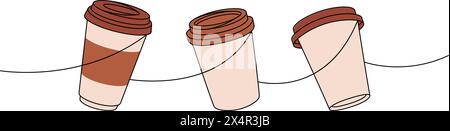Tasses à café à emporter sur une ligne dessin continu coloré. Éléments dessinés à la main pour le menu de café, café-restaurant. Illustration linéaire vectorielle. Illustration de Vecteur