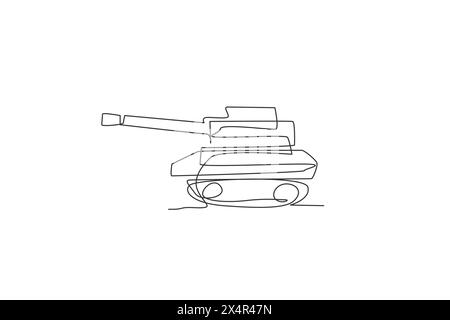 Dessin au trait continu simple d'un char de guerre métallique avec canon, vue latérale. Concept de véhicule de transport. Trendy One Line dessine design graphique vecto Illustration de Vecteur