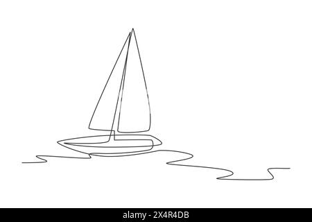 Un dessin simple ligne de bateau à voile naviguant sur l'illustration vectorielle de la mer. Concept de véhicule de transport par eau. Graphique de dessin de ligne continue moderne Illustration de Vecteur