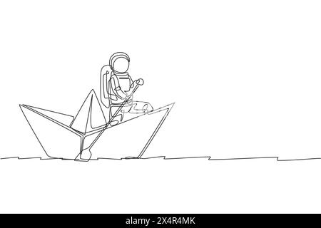 Un dessin au trait continu d'un jeune astronaute marin en papier à rames dans l'océan marin. Concept d'espace de galaxie cosmique. Dessin dynamique à une ligne gra Illustration de Vecteur