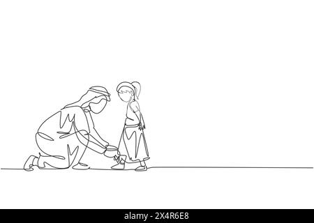 Dessin en ligne continue unique du jeune père islamique aider sa fille à nouer des lacets avant d'aller à l'école, parent heureux. Arabian Family Care Co Illustration de Vecteur