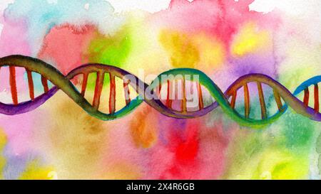 Illustration d'une double hélice vibrante d'acide désoxyribonucléique (ADN), mettant en valeur la structure complexe avec des couleurs vives. Banque D'Images