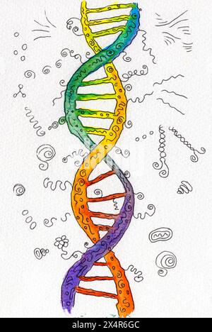 Illustration d'une double hélice vive d'acide désoxyribonucléique (ADN) avec des éléments abstraits dessinés au stylo. Banque D'Images