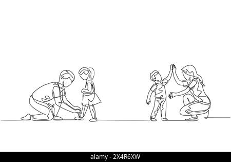 Dessin au trait continu unique de la jeune maman donnant haut cinq au fils et papa attachant les lacets de sa fille à la maison. Concept de parentalité familiale heureuse. TREN Illustration de Vecteur