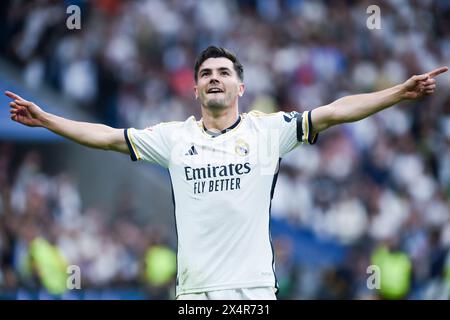 (240505) --MADRID, 5 mai 2024 (Xinhua) -- Brahim Diaz du Real Madrid célèbre après avoir marqué un but d'ouverture lors du match de football de la ligue espagnole (la Liga) entre le Real Madrid et le Cadix CF à Madrid, Espagne, le 4 mai 2024. (Photo Gustavo Valiente/Xinhua) Banque D'Images