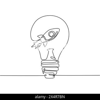 Un dessin en trait continu du lancement de fusée à l'intérieur de l'emblème du logo Clean Lightampoule. Concept de modèle d'icône de logotype de société cosmos Technology. Chant moderne Illustration de Vecteur