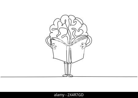 Dessin de ligne continue unique de cerveau humain debout et livre de lecture pour l'étiquette de logo de bibliothèque publique. Concept d'icône de logotype de caractère intelligent. Moderne o Illustration de Vecteur