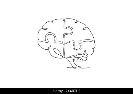 Un dessin simple ligne de cerveau humain formant des morceaux de puzzles identité logo. Bureau psychologique pour trouver le concept de logotype d'icône de personnalité. C Illustration de Vecteur