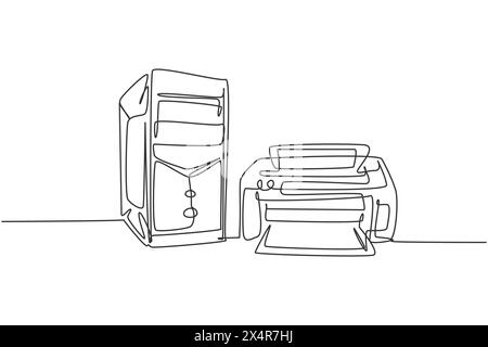 Un dessin au trait continu de l'ordinateur cpu et de l'imprimante pour petit appareil de bureau. Concept de modèle d'équipement domestique d'entreprise d'électricité. Singl tendance Illustration de Vecteur