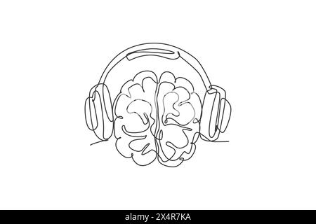 Un dessin de ligne continue du cerveau humain écoutant de la musique à l'aide de l'icône de logo de casque filaire. Concept de modèle de symbole de logotype Smart dj. Single tendance Illustration de Vecteur